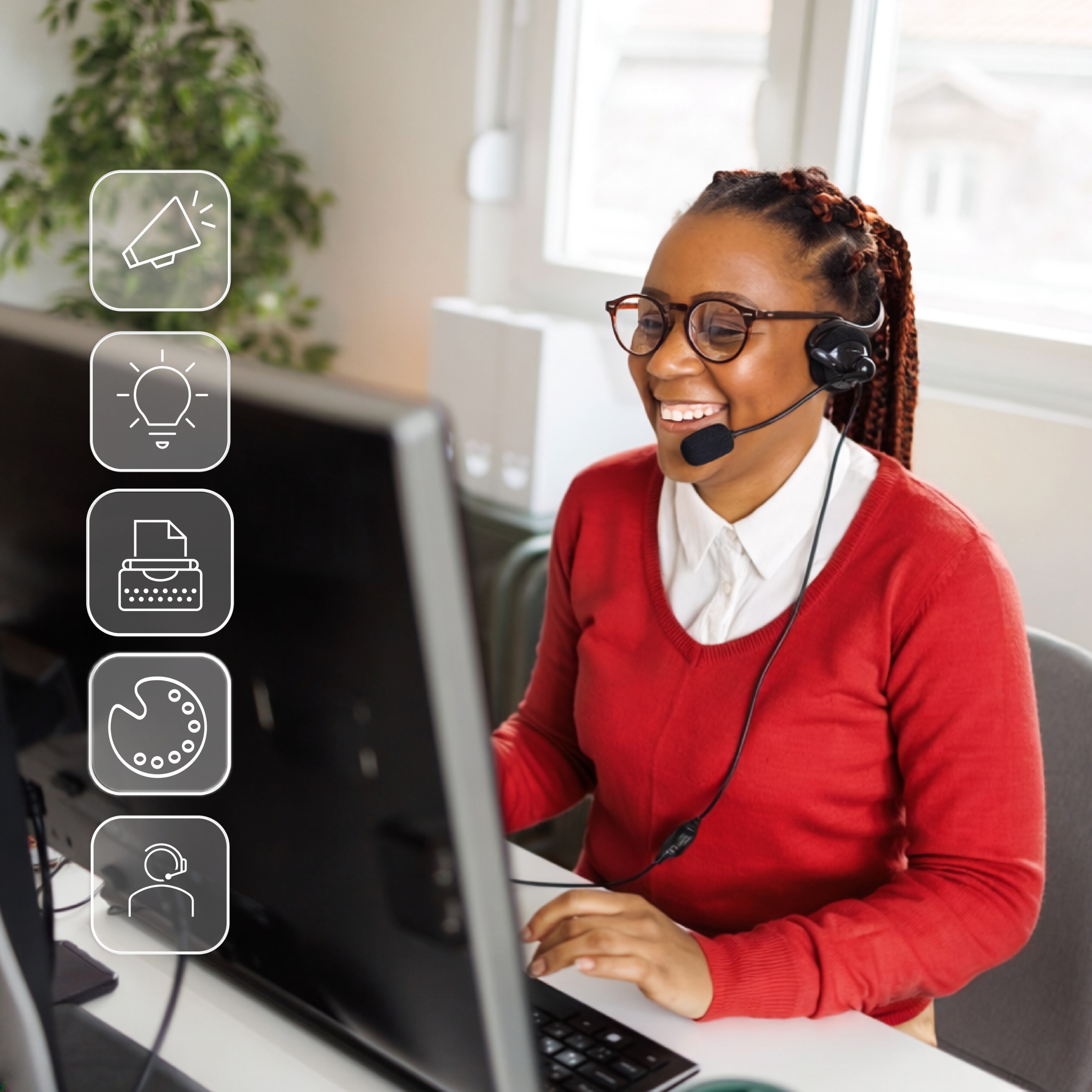 Woman wearing headset at computer with five icons on left side: megaphone, lightbulb, typewriter, paint palate, and person wearing headset