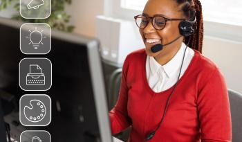 Woman wearing headset at computer with five icons on left side: megaphone, lightbulb, typewriter, paint palate, and person wearing headset